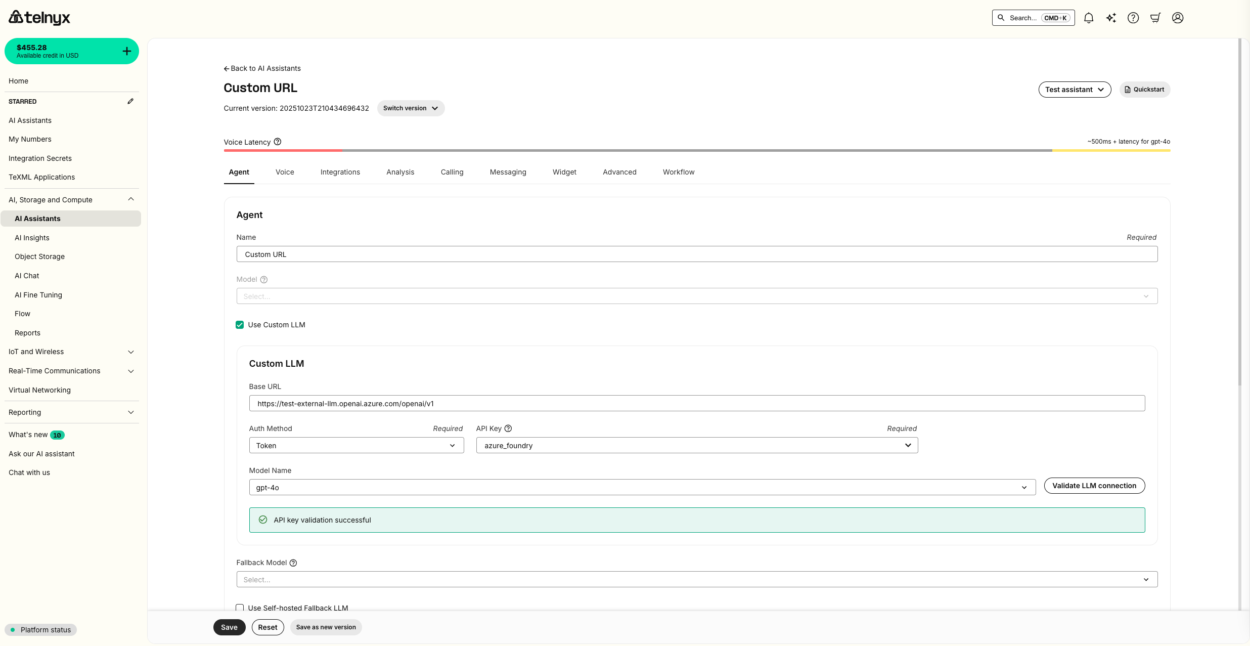 Telnyx portal Agent tab with Azure custom LLM configuration and model dropdown