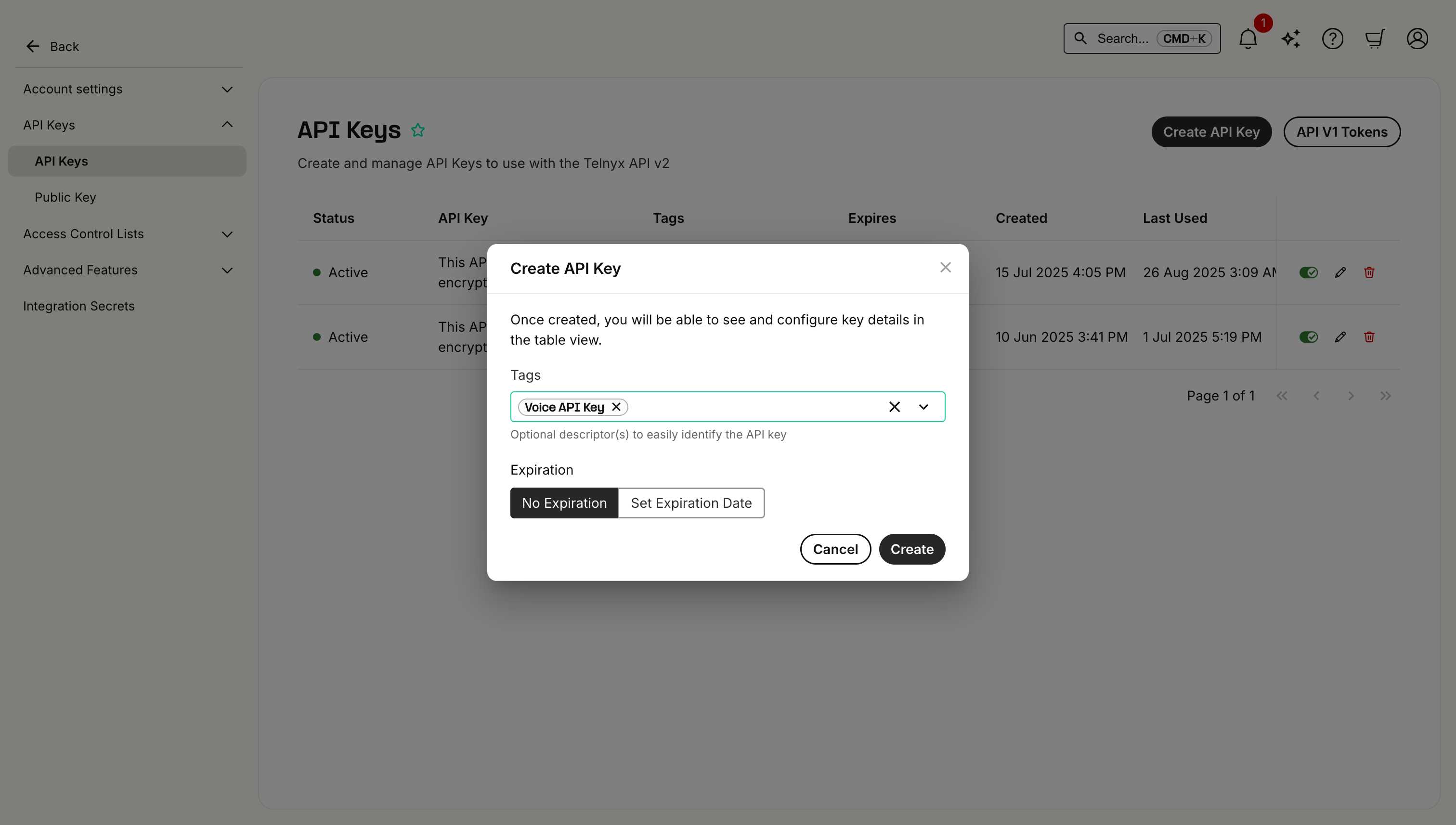 Create API Key Dialog